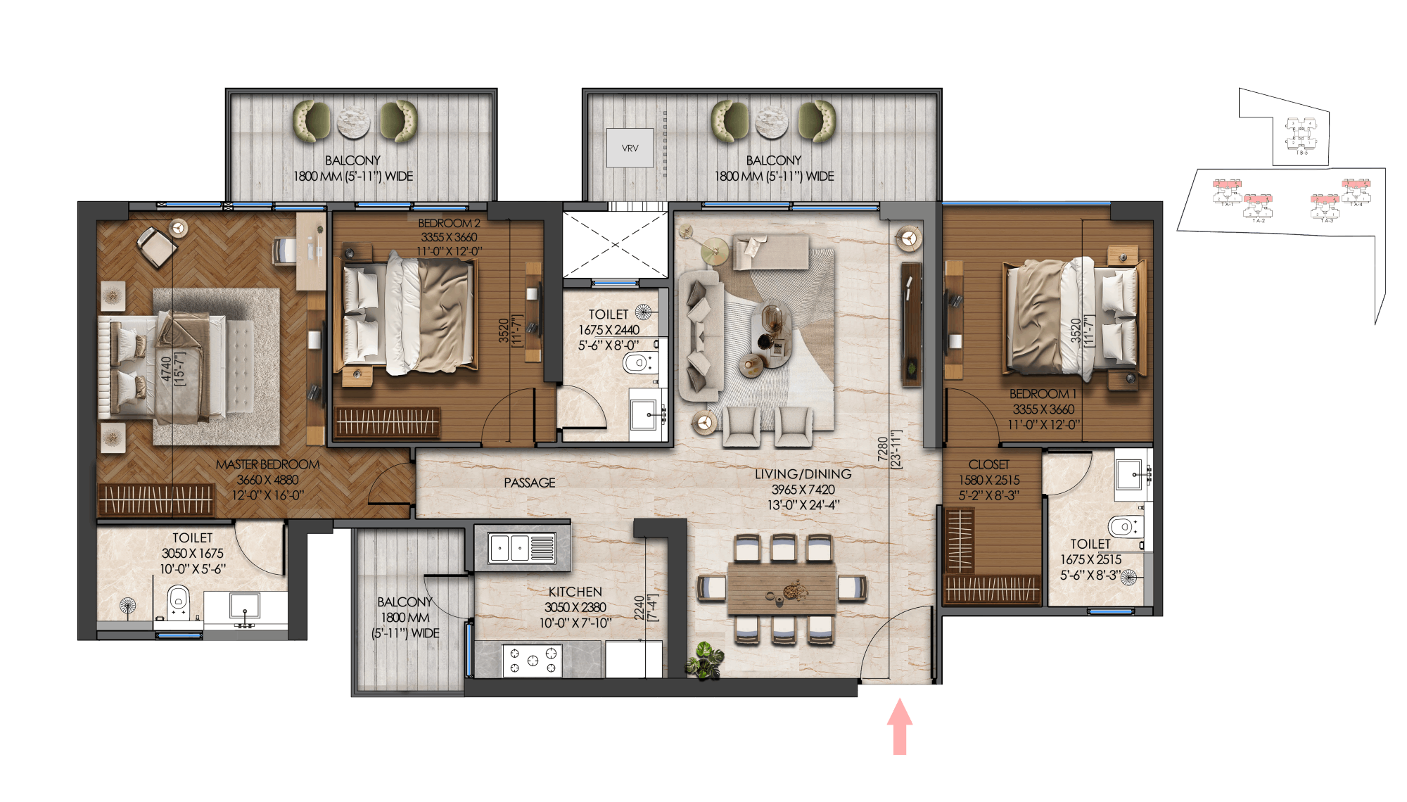 3 BHK Deluxe floor plan, 2100 sq.ft., Tonino Lamborghini Residences